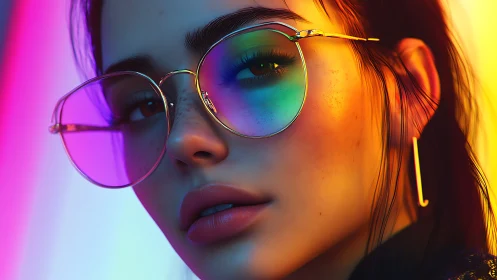 Neon-lit portrait captures reflective glasses with chromatic flares