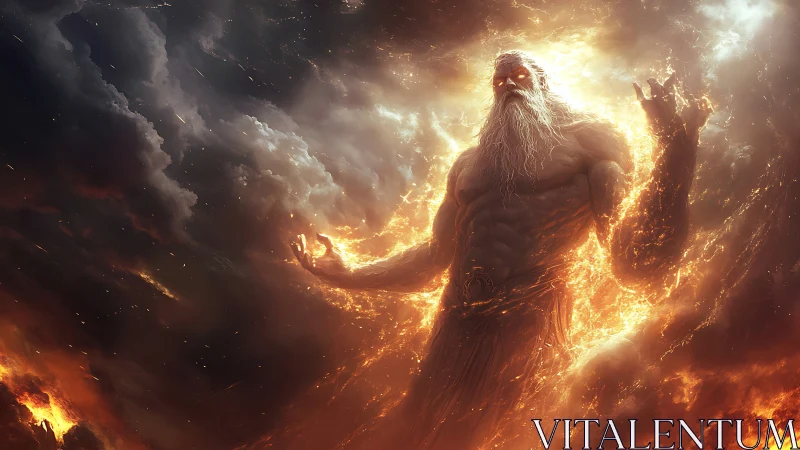 Mythic fiery giant figure in storm filled atmospheric sky.