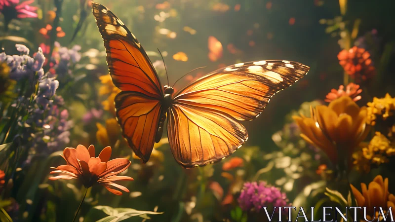 Monarch butterfly hovering over vivid garden blooms.