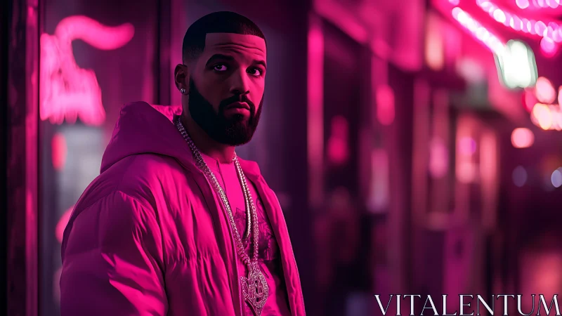 Man in pink neon street scene wearing padded jacket.