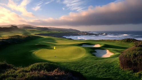 Oceanfront golf green glows in soft coastal sunset light.