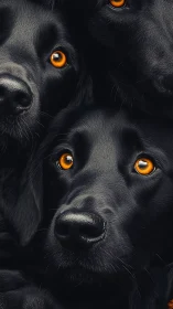 Midnight hounds with ember eyes in velvety close embrace.