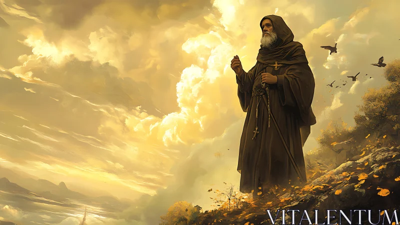 Robe-clad elder stands on rocky slope under dense golden sky