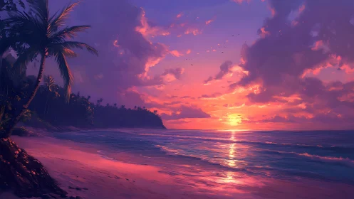 Glowing tropical sunset welcomes calm waves and soft shore