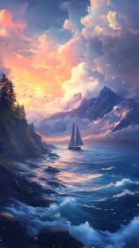 Sailboat on vivid ocean under dramatic sunset clouds.