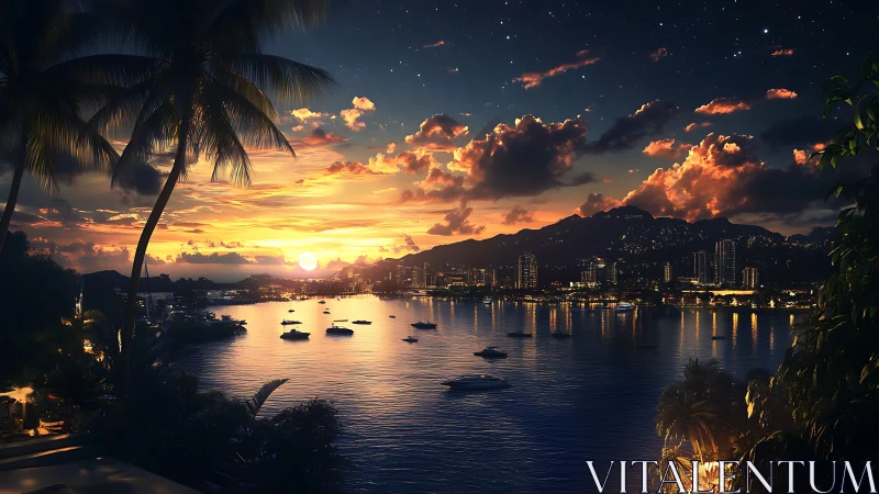 Tropical harbor sunset skyline with cinematic water reflections.