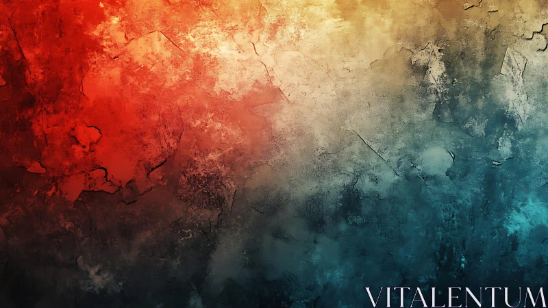 Abstract textured wall art with warm red and cool blue tones.