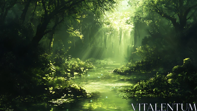 Luminous Forest Ravine with Volumetric Light and Flowing Watercourse