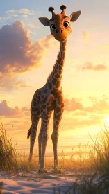 Sunset stroll with a bright-eyed cartoon beach giraffe.