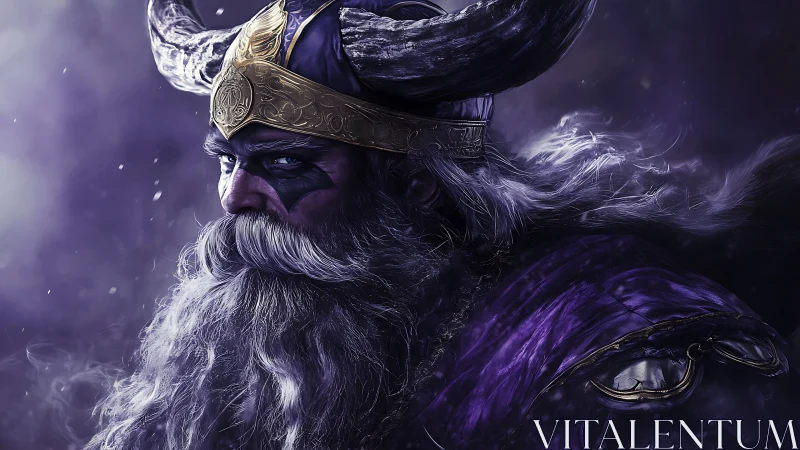 Viking warlord stares through storm with horned golden helm