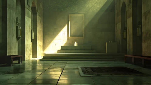Sunlit stone sanctuary interior with central altar platform.