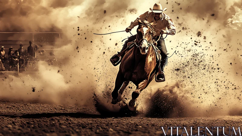 Rodeo rider charging through dust in a burst of wild energy.