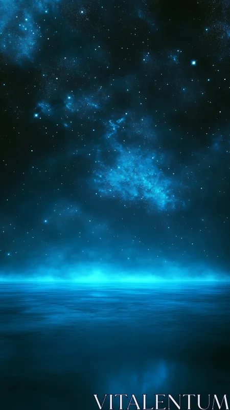 Stellar ocean horizon under glowing cyan nebula sky.