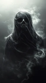 Shrouded skull wraith rising through silver storm of smoke.