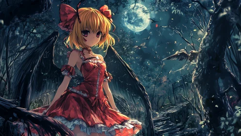 Vampire girl in red dress standing in eerie moonlit forest.