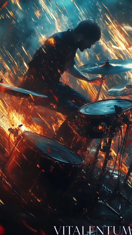 Drummer silhouette pounds kit amid cascading fire streaks