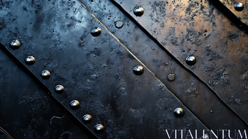 Industrial steel plate surface with rivets and patina texture.