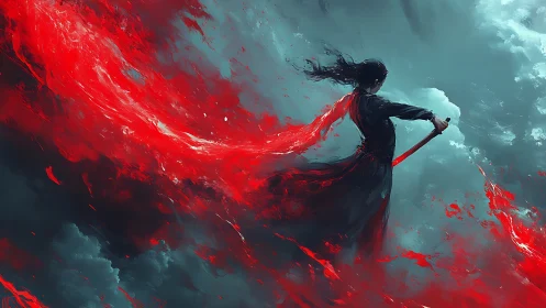 Warrior commands a blazing crimson vortex in stormy sky.