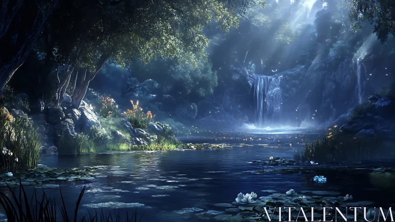 Forest waterfall scene shows lotus pond under diffuse light