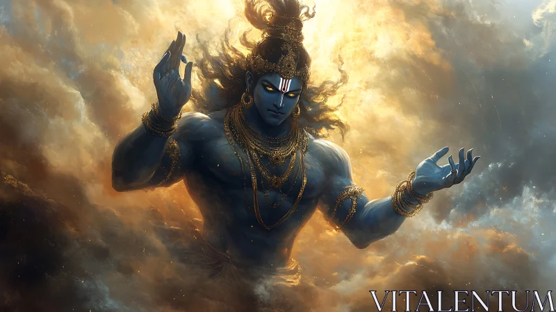 Digital painting of celestial blue deity amid radiant clouds.