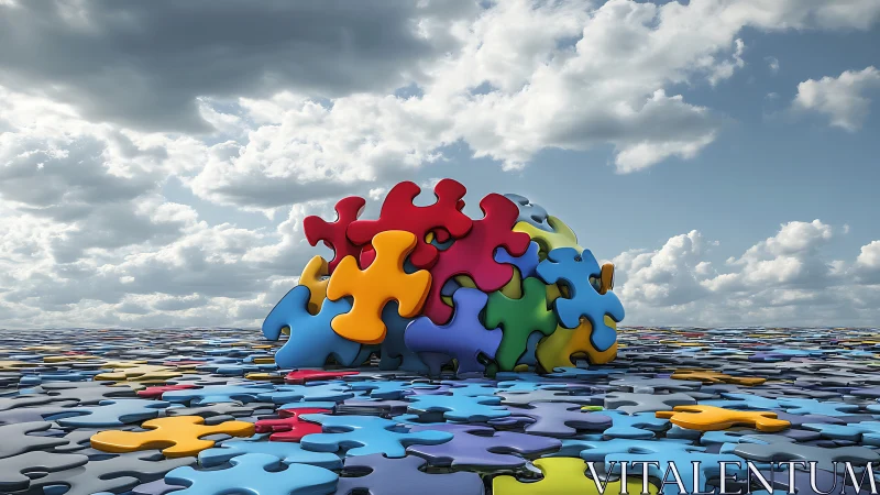 Colorful puzzle brain rises from scattered pieces under sky