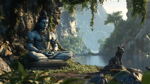 3D Shiva sanctuary composition in lush riverine canyon environment.