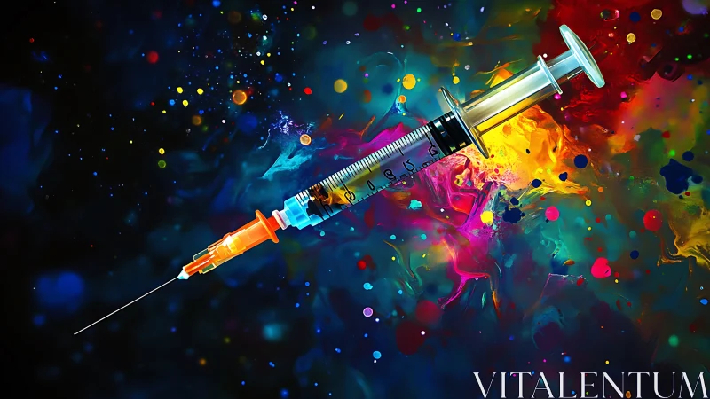 Neon syringe drifting through a cosmic splash of color.