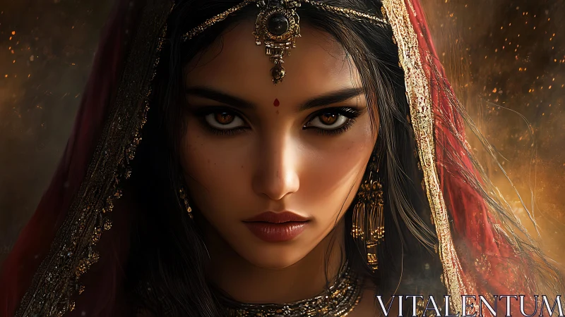 Regal woman portrait with molten gold and ember glow