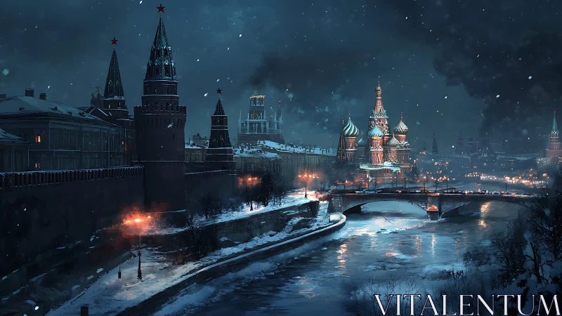 Snowflakes choreograph over a frostbitten Moscow river dream