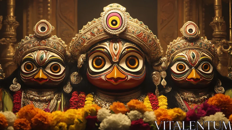 Radiant Jagannath deities glow amid flowers and golden light