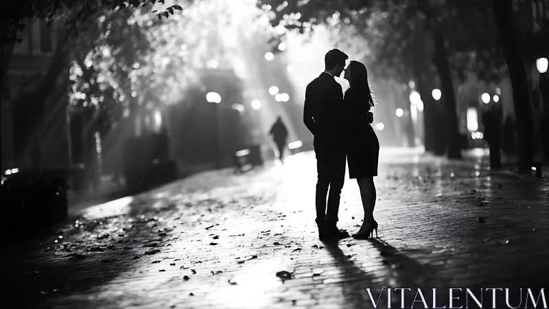 Couple Sharing Intimate Moment on Rainy Urban Street.