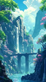 Sunlit stone bridge spans a tranquil waterfall canyon