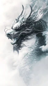 Mythic serpentine dragon emerging through ethereal storm clouds.