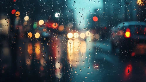 Rain streaks blur city traffic lights into glowing bokeh haze.