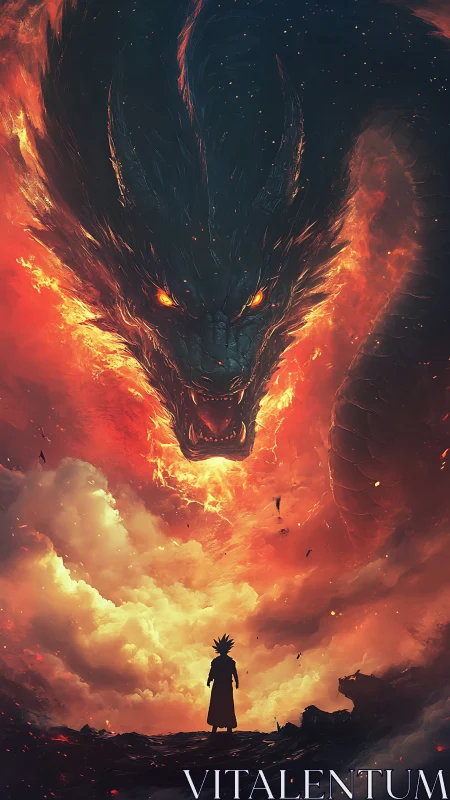 Inferno sky dragon confronts lone spiky‑haired wanderer.