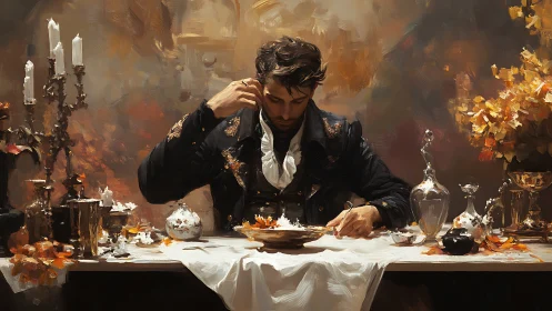 Pensive gentleman contemplates an autumn feast in candlelight.