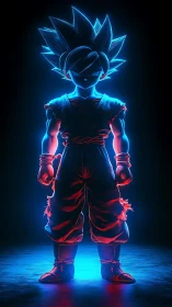 Glowing anime warrior stands strong in neon blue and red light