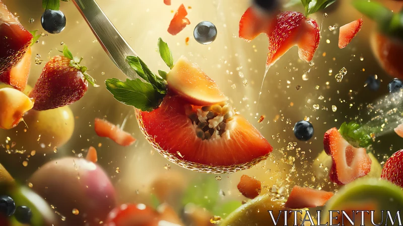 Juicy strawberries dance in a sparkling burst of sunshine.