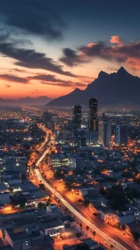 Luminous city avenues glow beneath dramatic sunset peaks