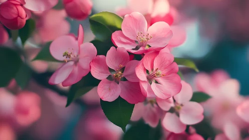 Pink flowering crabapple blossoms with dense green foliage