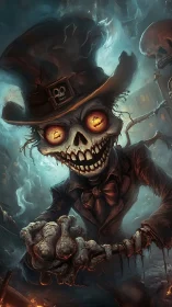 Macabre skeletal jester advances through smoky, teal-lit graveyard