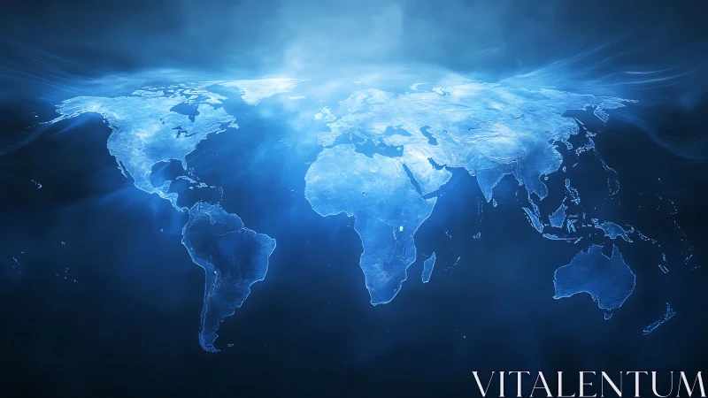 Glowing blue world map rendered as luminous 3D surface