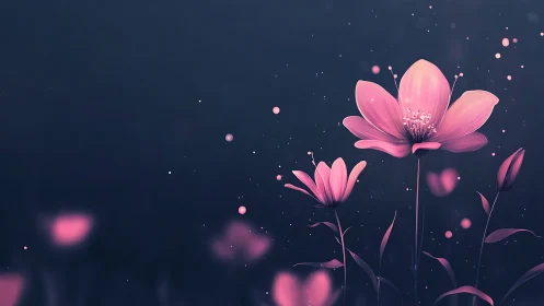 Digital render of luminous pink flowers against dark navy background