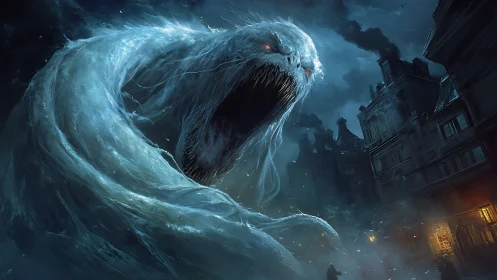 Colossal ghostly sea monster attacks dark city street.