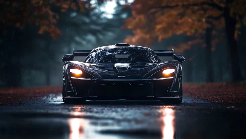 Cinematic hypercar front view in rainy autumn forest street.