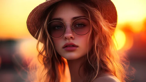 Young woman in sunhat and glasses at sunset outdoors.