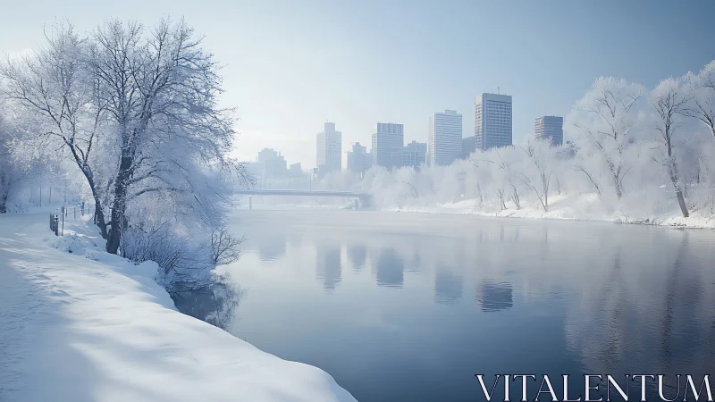 Snow-laden riverside corridor frames soft-focus modern skyline reflections
