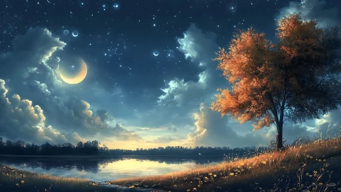 Crescent moons over reflective lake with backlit autumn tree at dusk