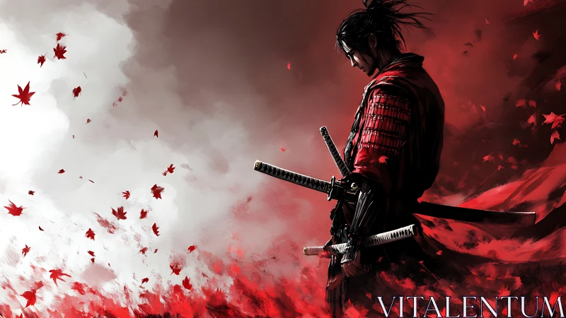 Lone samurai stands amid crimson leaves and swirling mist.