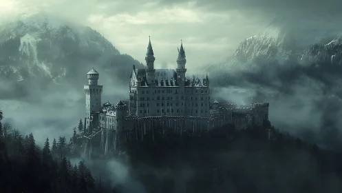 Gothic mountain castle rises through dense winter mist